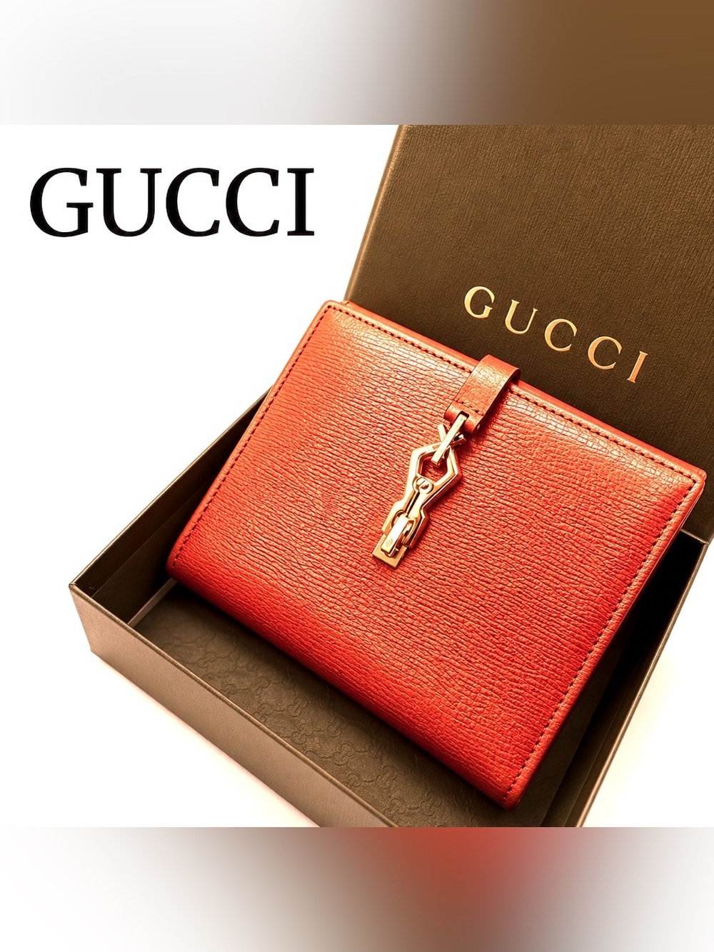 Gucci Jackie Orange Textured Leather Bifold Wallet with Gold Clasp - Picture 3 of 12